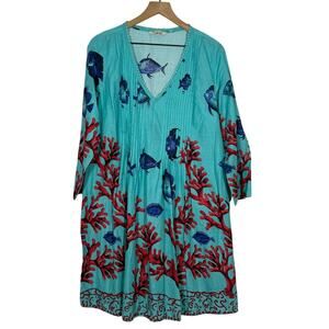 Soft Surroundings Seychelles Tunic Top Womens Medium Blue Coral Fish Pleated